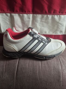 adidas Men’s White Athletic Sneakers with Black Stripes and Red Lining